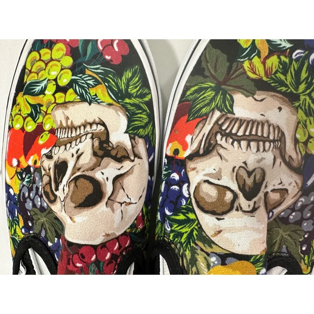 Vans Classic Slip-On Skull Fruit Still Life Graphic Shoes Mens 7.5 Black Multi